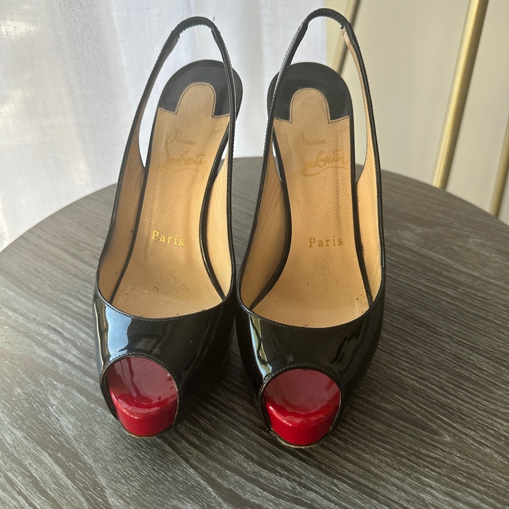 Christian Louboutin patent leather peep toe sling backs